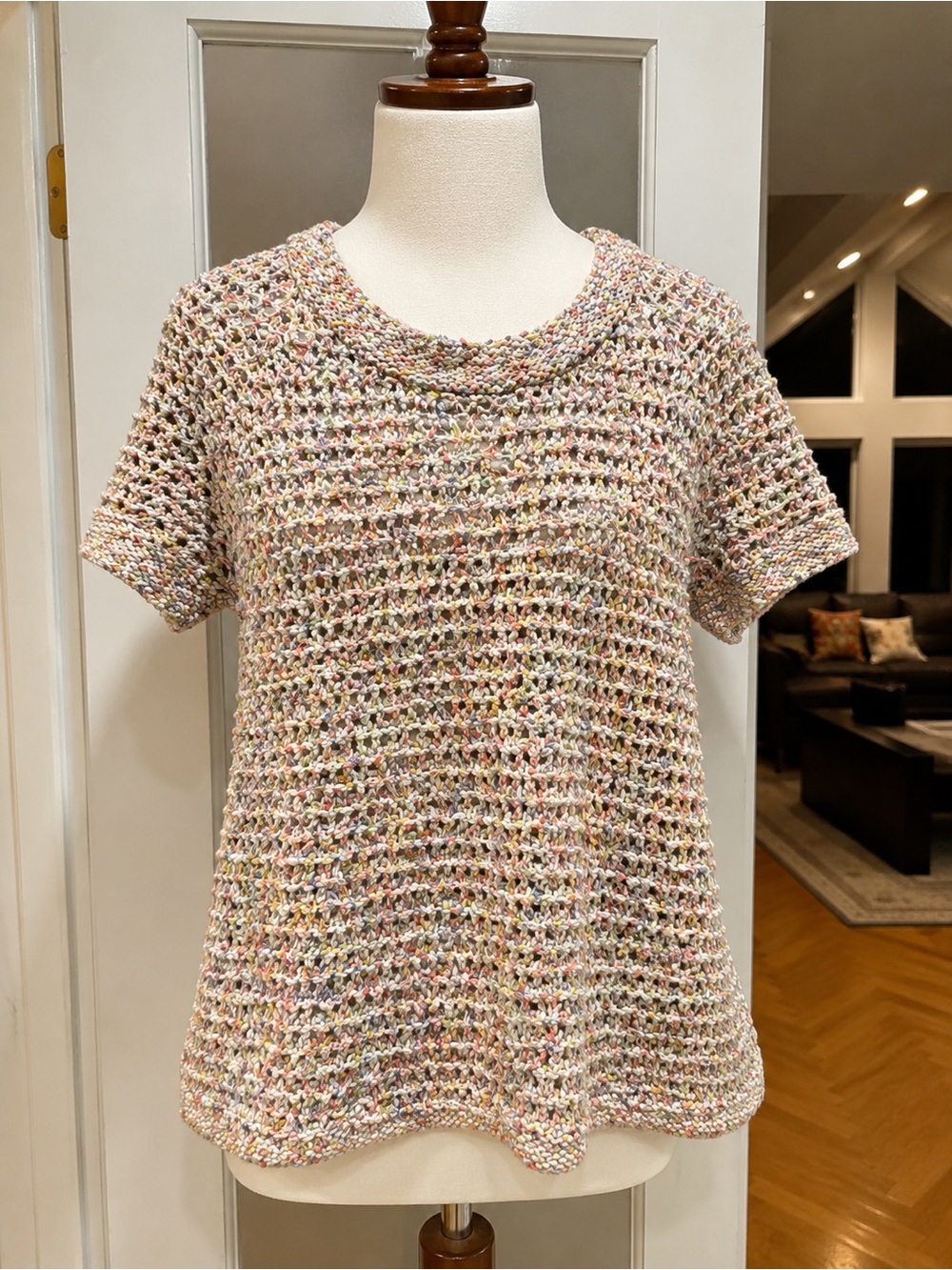 CAbi Multicolor Open-Knit Short Sleeve Sweater Top